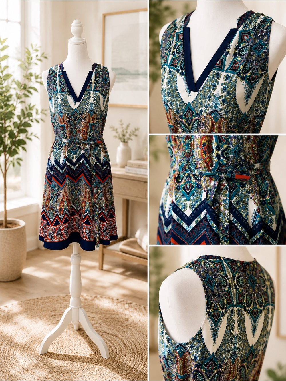 Renee C. Navy Multicolor Paisley V-Neck Mini Dress